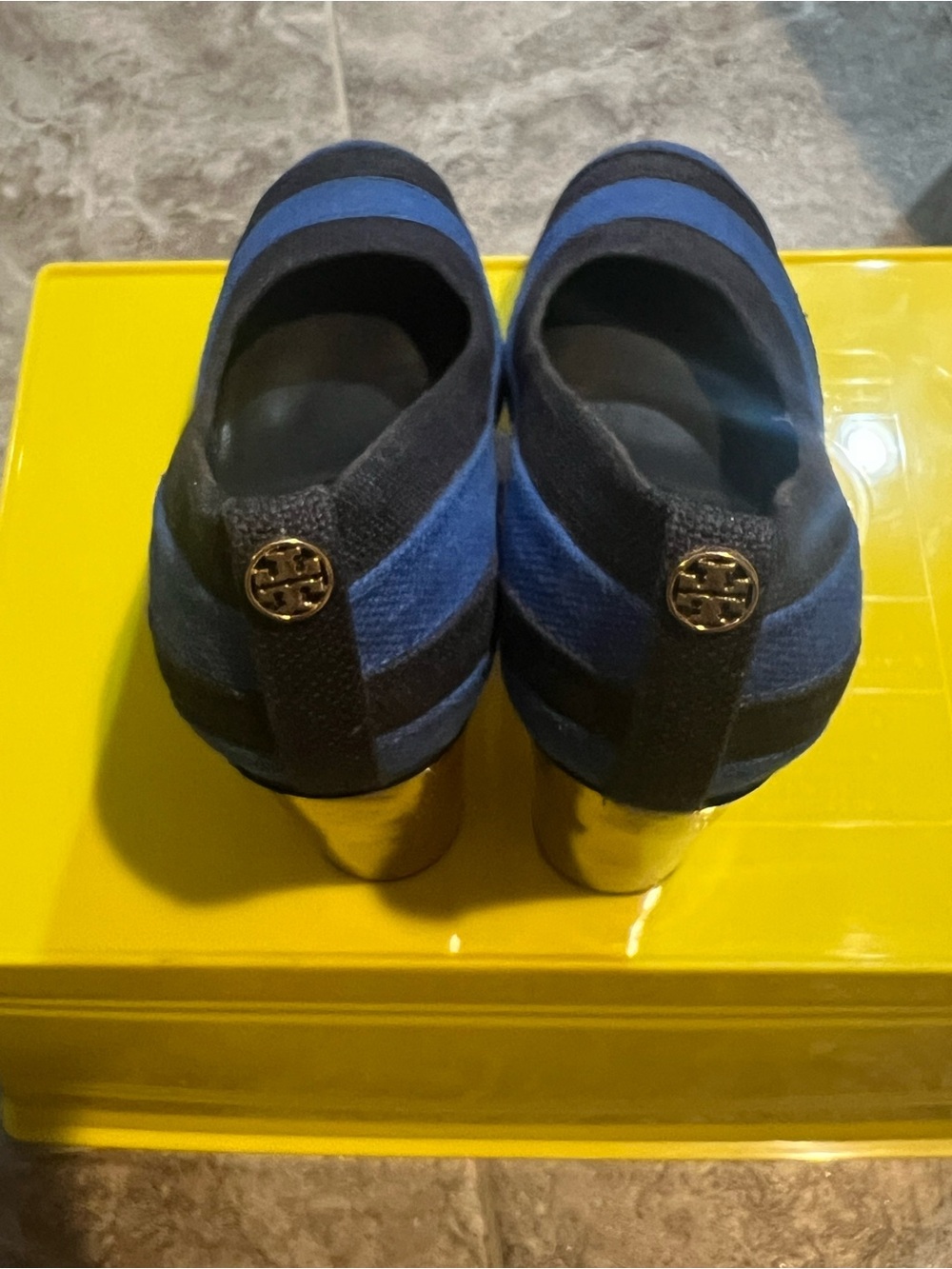 Tory Burch Blue and Black Striped Block Heel Pumps with Gold Logo